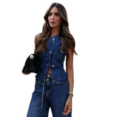 Amazon  fashion cross-border women's clothing  new denim sleeveless vest fashion wide leg denim suit