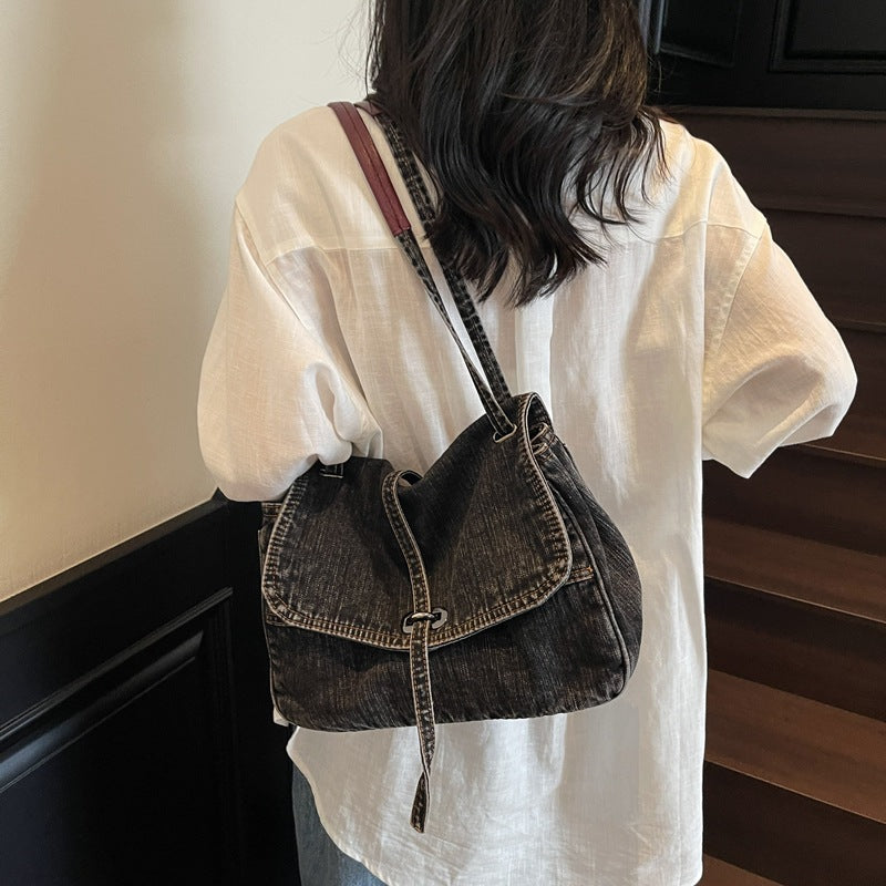 Cross-border niche retro commuter tote bag women's 2025 summer new trendy denim casual shoulder messenger bag