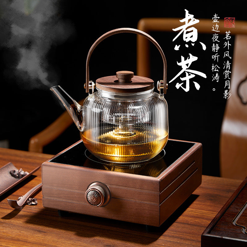 Walnut tea maker, vertical stripes glass teapot, double filter liner, tea stove, tea water separation, heat-resistant glass