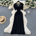 Korean style women's high-end hollow-out crochet knit dress with cinched waist and flutter sleeves, two-piece set with inner slip dress