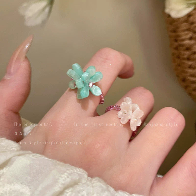 Super fairy french violet flower ring for women niche style design seaside vacation style stacked elastic cord ring bracelet