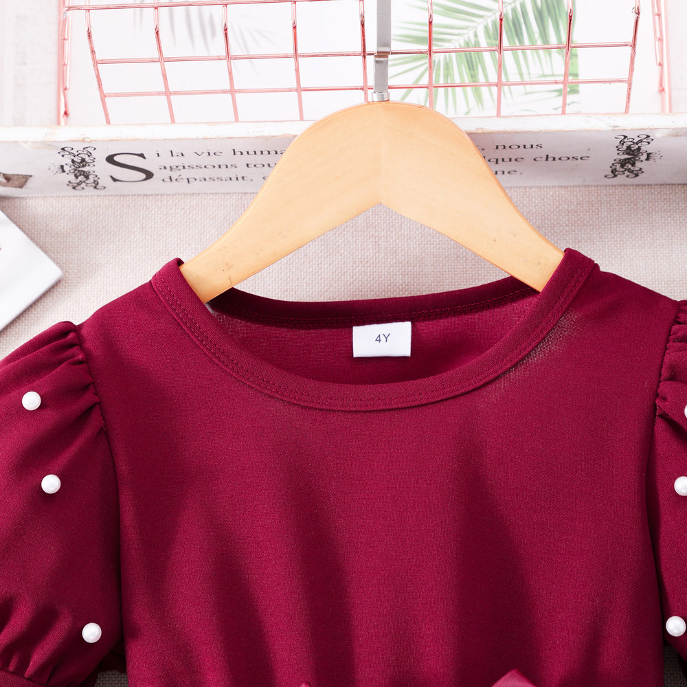 Girls' dress for toddlers and young children, pearl sleeve with 3d rose appliqué