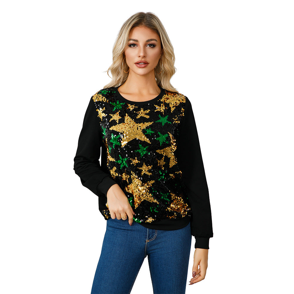 10526 European and American  women's long-sleeved top, five-pointed star pattern sequin fine flash Christmas party temperament sweater