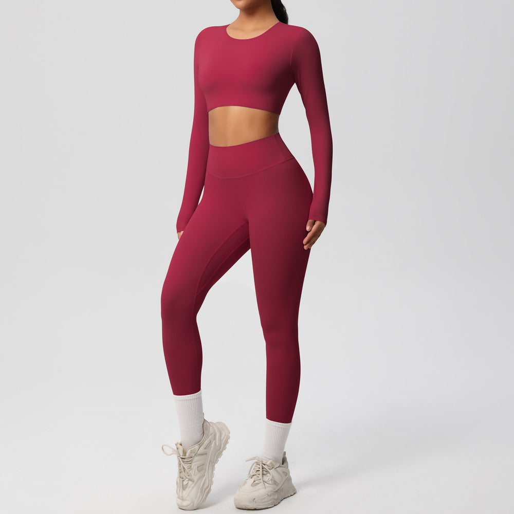 Ready-to-ship, solid-color, double-sided nylon brushed fabric, barely-there feel, form-fitting activewear yoga set for running and fitness, two-piece