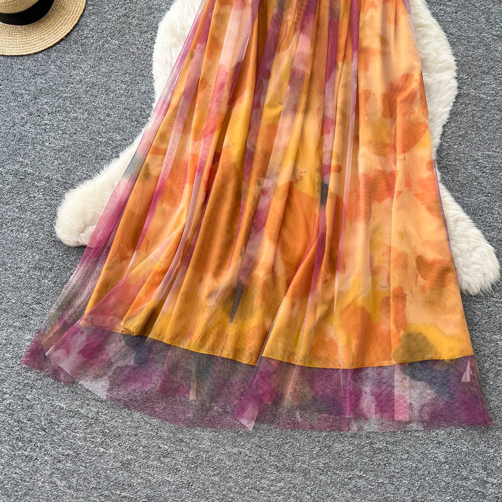 Vacation style smudged halter suspender dress women's summerv neck exposed waist careful mesh fairy elegant long skirt
