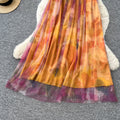Vacation style smudged halter suspender dress women's summerv neck exposed waist careful mesh fairy elegant long skirt