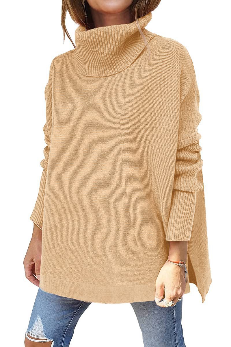 2022 amazon cross-border high neck sweater, mid-length batwing sleeve, cinched hem, pullover knit sweater for women