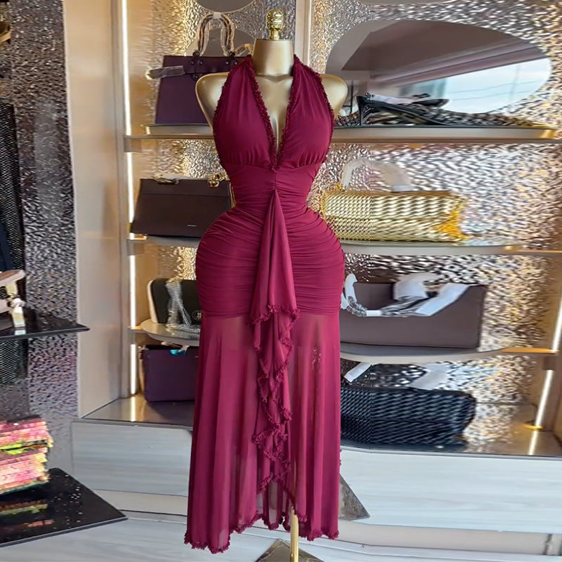 European and american women's clothing  autumn new collection: sweet and fresh tie-neck halter v-neck high-waisted slimming bodycon dress