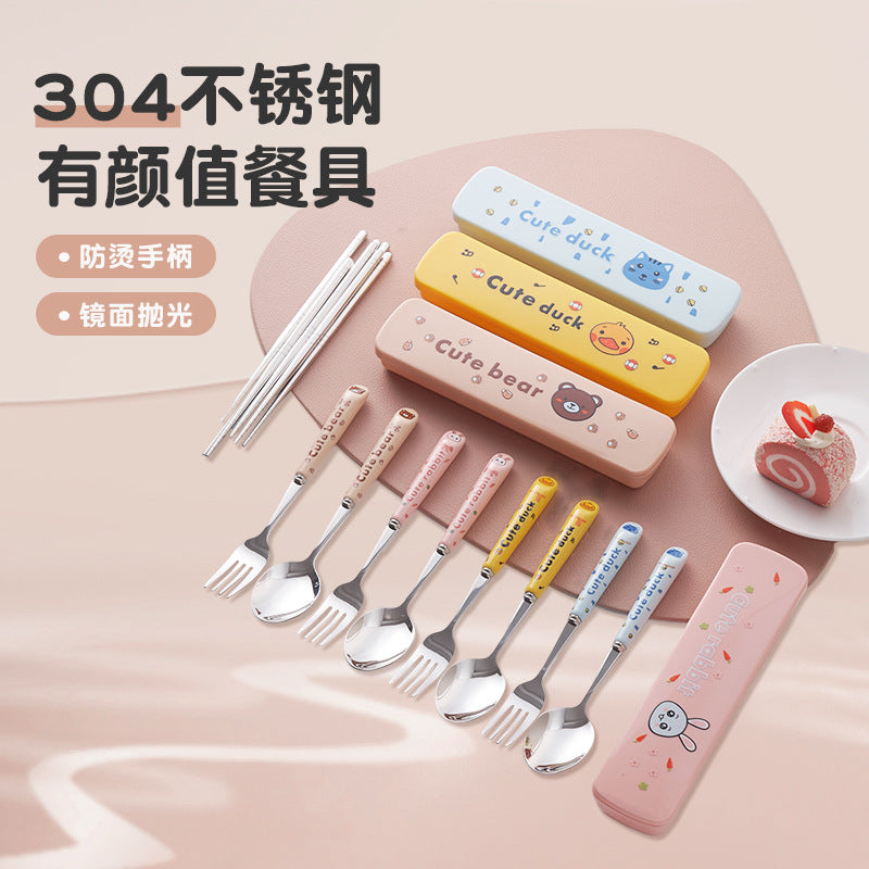 Cute stainless steel cutlery set with stylish ceramic handles - portable student dinnerware, kids' chopsticks and spoon set