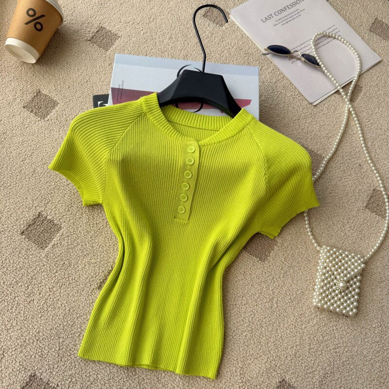 Old money style knittingcasualpure colorcasual women's summereasiest for matchslimming look single breastedv neckwork clothingtops multi-color