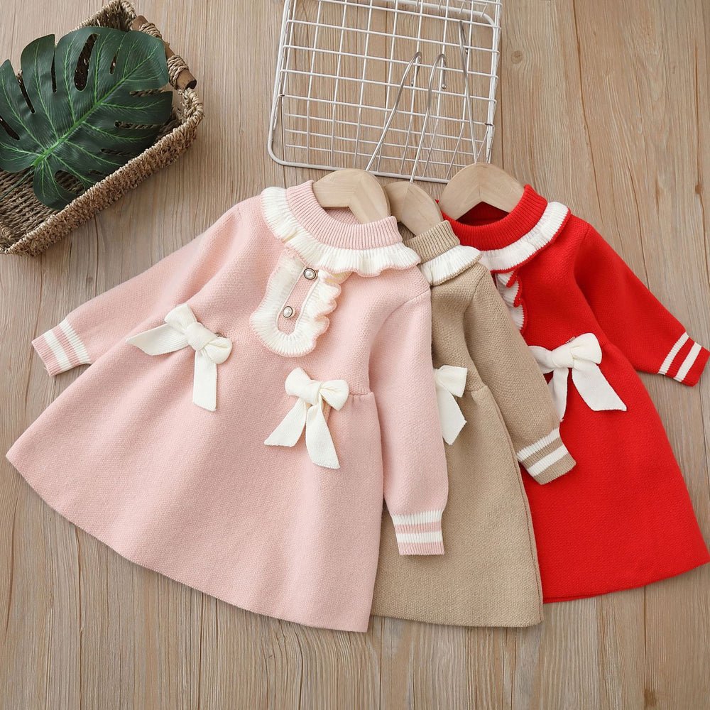 Girls' knit dress - new autumn/winter  collection - sweet bow detail, baby girl dress