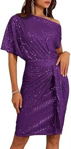 european and american cross-border women's beaded and sequined party club one-shoulder ruched evening gown fashion dress