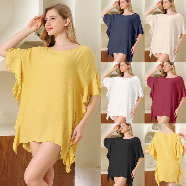 Cross-border European and American summer women's clothing ruffle edge solid color simple loose beach bikini blouse sunscreen dress