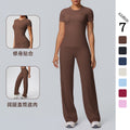 double-sided brushed pure color tight training long sleeves wide-leg yoga suit sports running fitness two-piece set