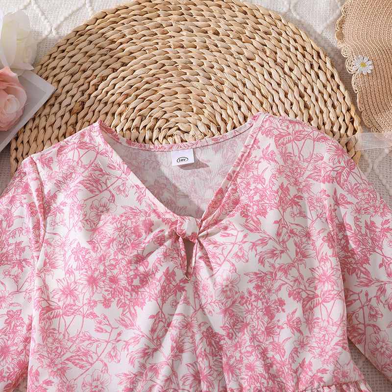 Amazon kids' spring/autumn  new arrivals: elegant floral print v-neck flared sleeve dress for girls (export quality)