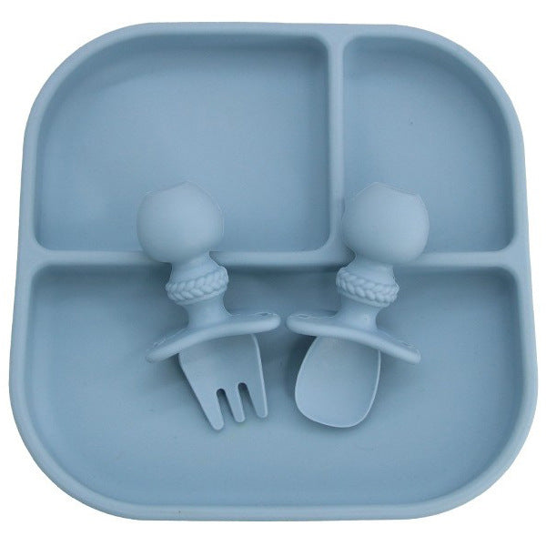 Children's silicone tableware set, complementary food bowl, baby learning to eat, fork, spoon, saliva pocket, strong suction, anti-drop tableware set