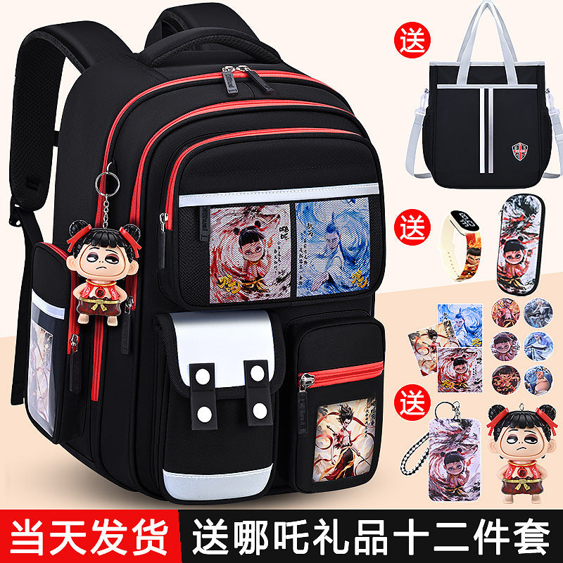 New nezha backpack for boys and girls, grades 1-6: spine protection, lightweight design, and extra-large capacity