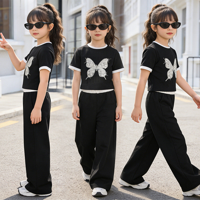 Girls'  short-sleeve lightweight outfit set: wide-leg pants, thin summer style, new butterfly two-piece set for girls