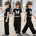 Girls'  short-sleeve lightweight outfit set: wide-leg pants, thin summer style, new butterfly two-piece set for girls