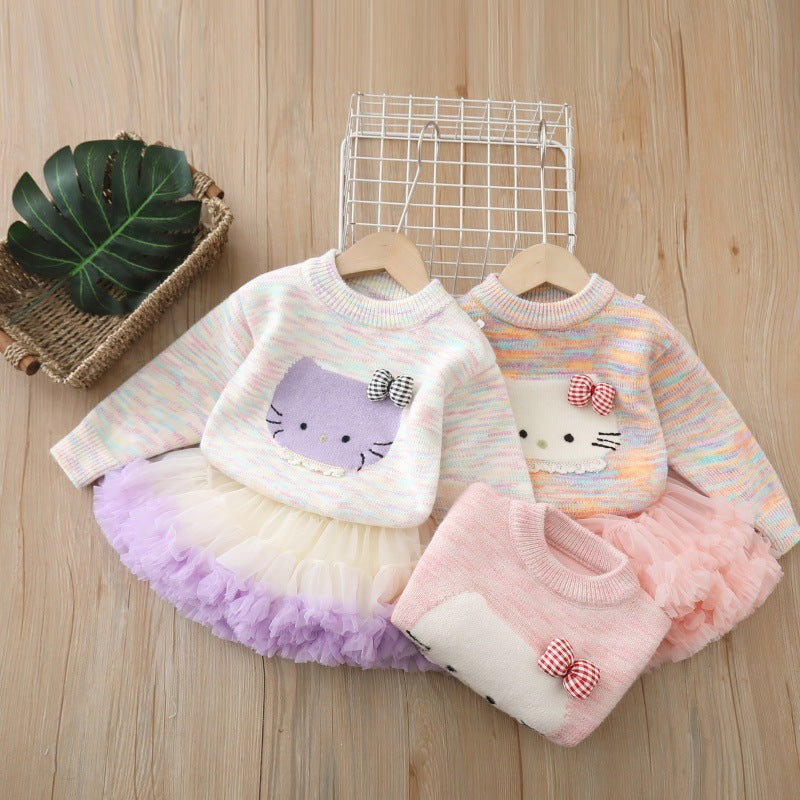 Girls' winter sweater: thickened inner layer with cartoon kitten design, knitted base layer, fleece-lined option, can be paired with a tutu skirt, crew neck