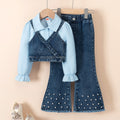 new autumn cross-border girls' collared shirt, denim vest, beaded denim flare pants three-piece set