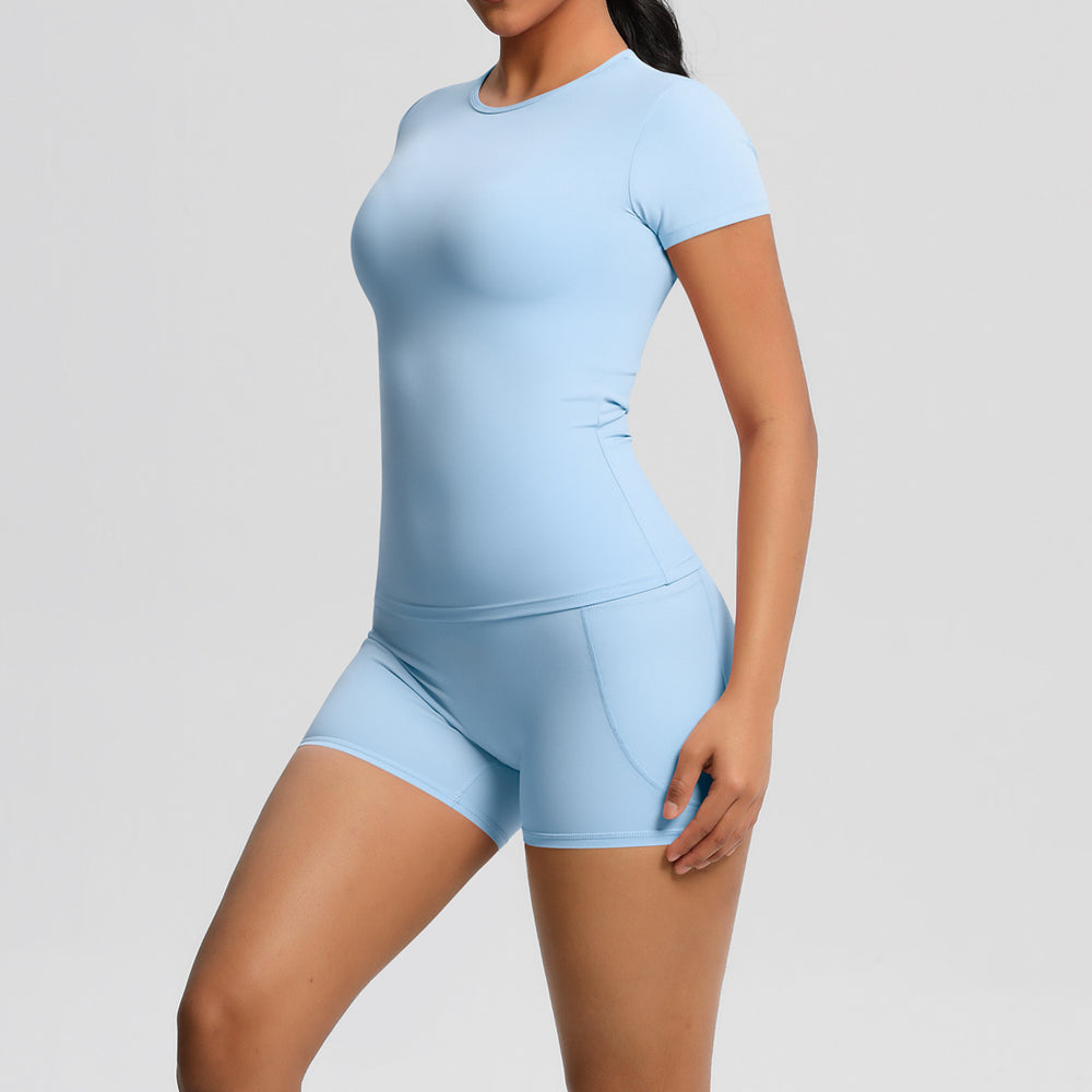 New arrival cross-border fashionpure color double-sided nylon brushed short-sleeved yoga suit sports running fitness two-piece set