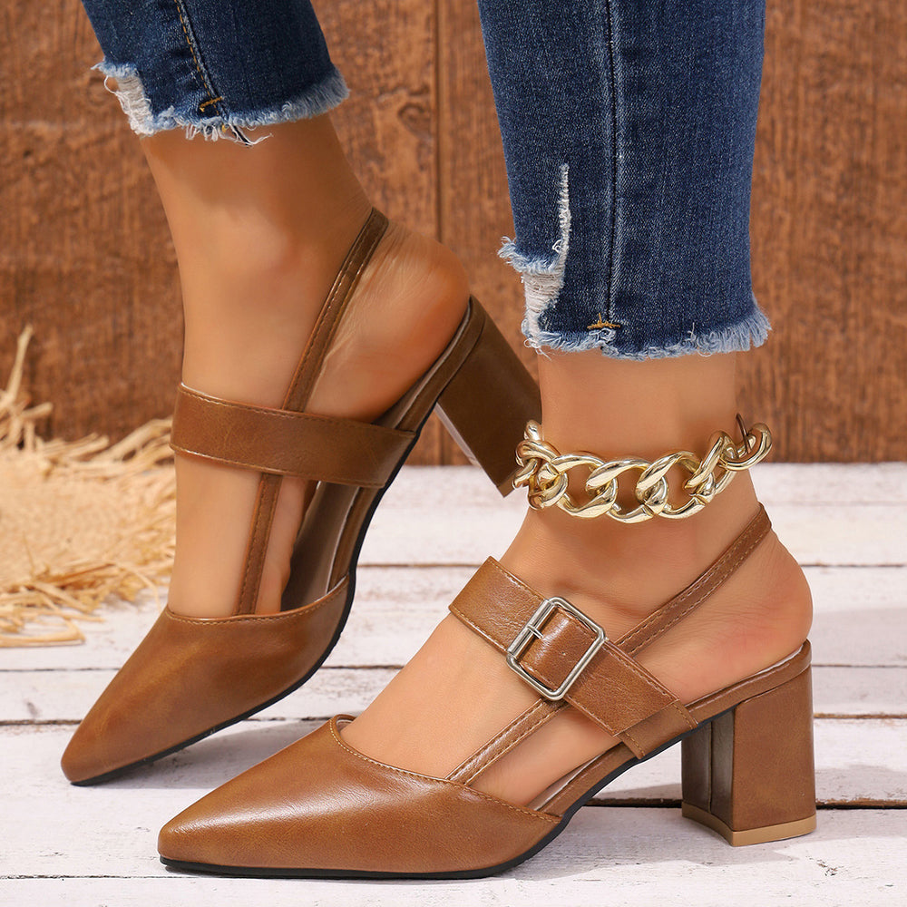 Shallow mouth thick heel high heel flats sandals women's summer 2026 new arrival k-style pointed toe one-word buckle strap roman shoes