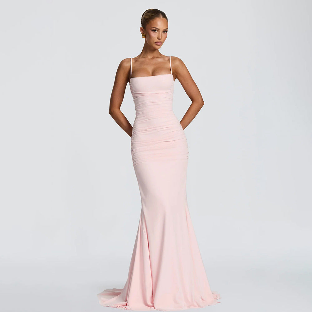 Amazon  summer new arrival: elegant solid color sleeveless bandeau maxi dress with tie-up back and figure-hugging design