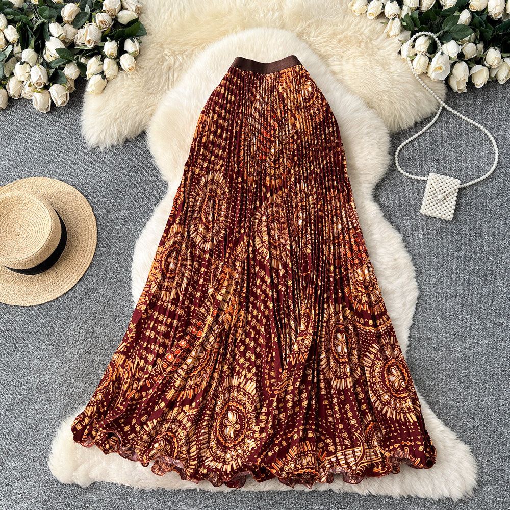 Vintage print pleated elastic waist fashion skirt - women's high-waisted a-line skirt - commute-friendly, flowy maxi skirt for summer