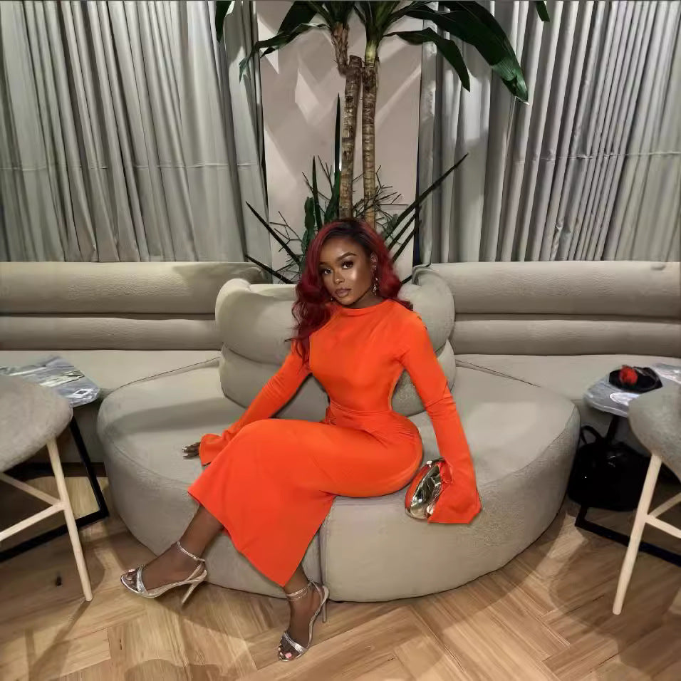 European and american cross-border women's fashion:  autumn/winter new collection - solid color long sleeve crew neck faux pocket bodycon slit maxi dress
