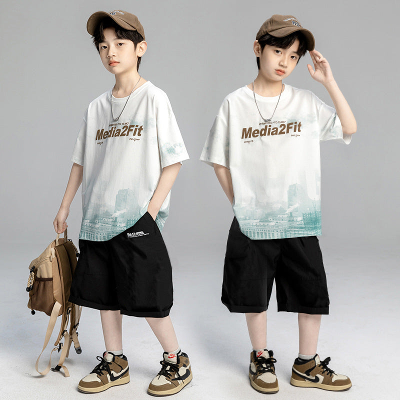 Boys' short-sleeve and shorts set: trendy crew neck t-shirt for boys, summer , versatile base layer, athletic top