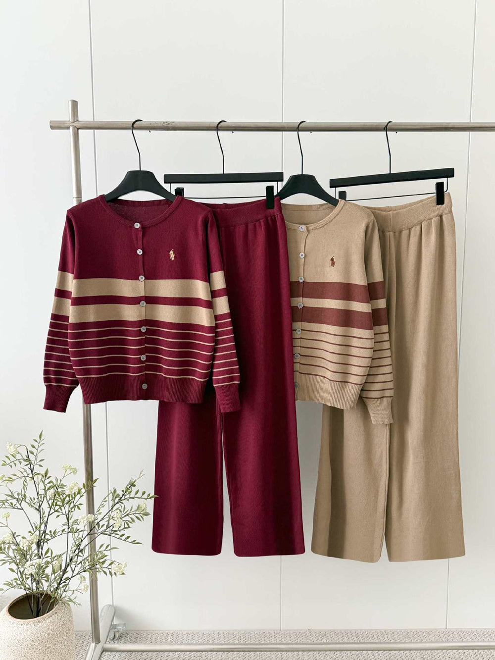 export autumn/winter new round neck color block striped long sleeve knitted cardigan wide leg pants sweater two-piece set for women
