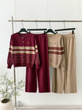 export autumn/winter new round neck color block striped long sleeve knitted cardigan wide leg pants sweater two-piece set for women