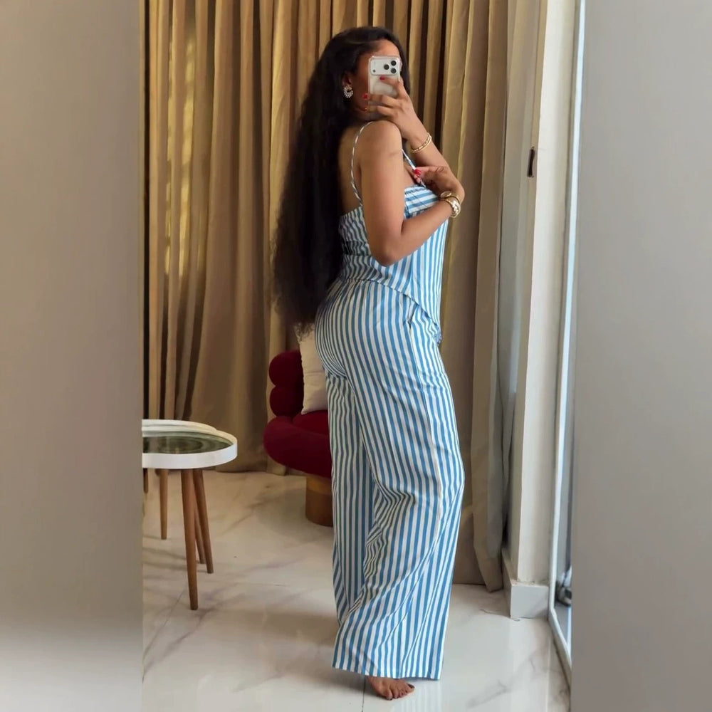 European and american cross-border women's fashion:  summer new collection - striped asymmetrical cami top and wide-leg pants set