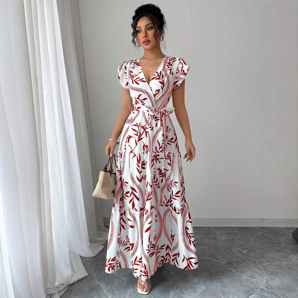 spring/summer  new arrival: printed ruffle trim v-neck sexy slim-fit long dress/gown