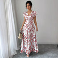 spring/summer  new arrival: printed ruffle trim v-neck sexy slim-fit long dress/gown