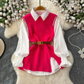 Autum shirt shirt plus knittingvesttwo-piece set female classy sense tweed style foreign style age reduction petitessuit