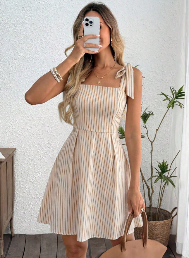 european and american  cross-border summer new fashion striped waist-defining slimming camisole square neck elegant dress
