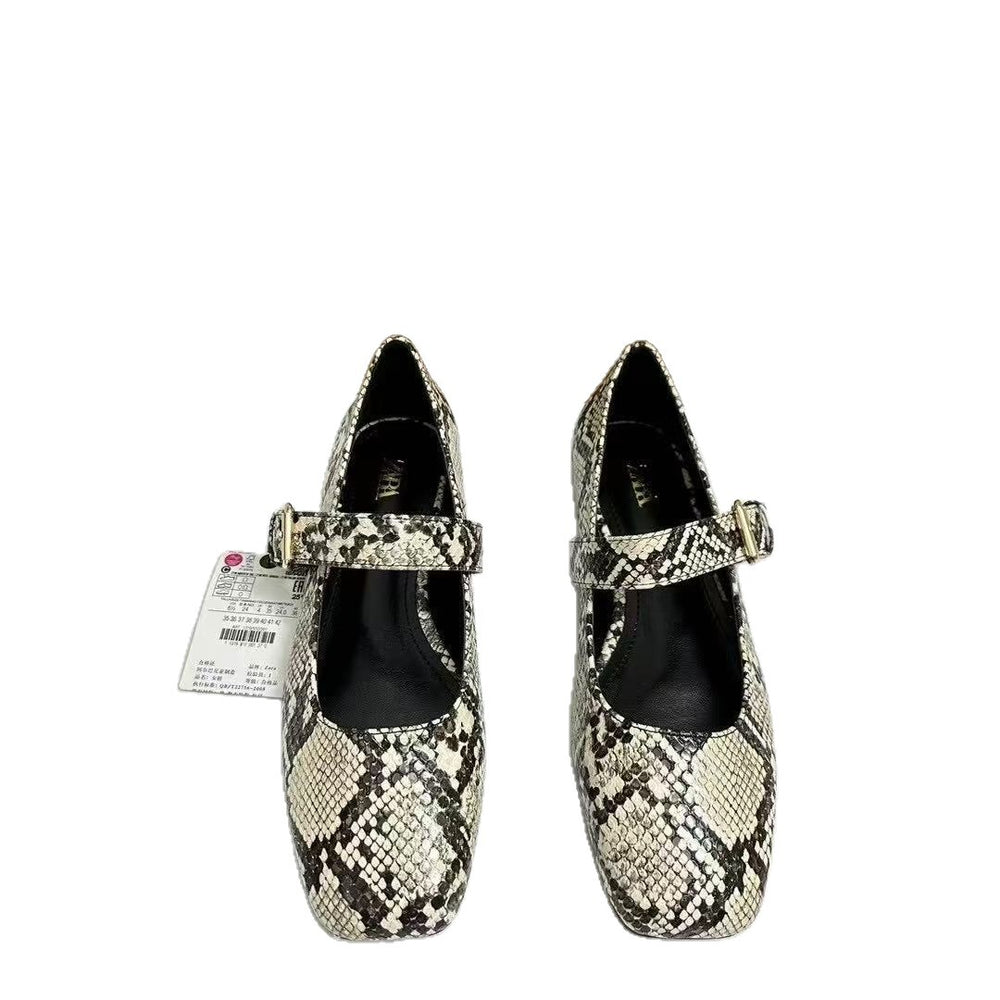 European and american style women's flat shoes - spring new arrivals: fashionable square toe snake print ankle strap mary jane ballet flats