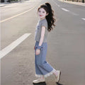 Girls' outfit  new children's wear girl's cat letter plaid two-piece set casual short sleeve summer fashionable style