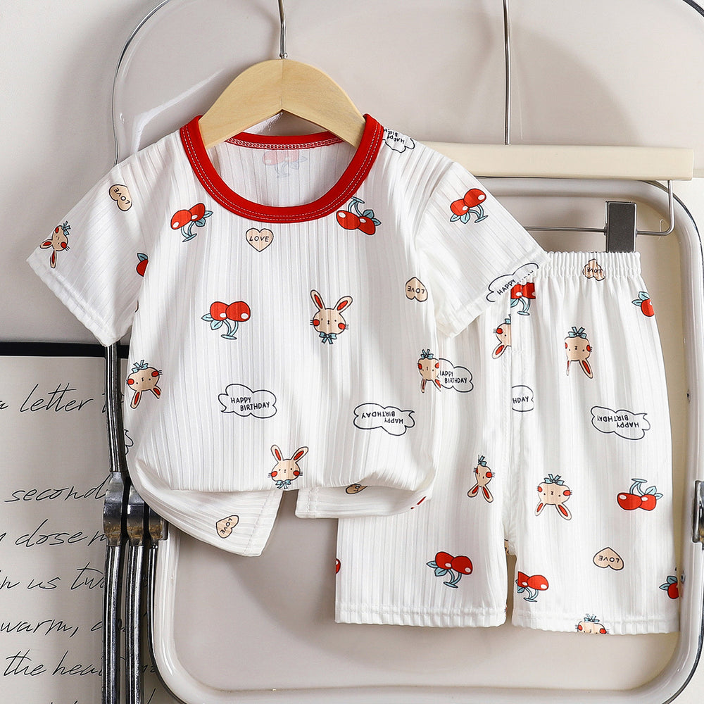 Summer kids' ice silk short sleeve and shorts set - lightweight air conditioning clothing for boys and girls - wholesale baby pajamas and loungewear