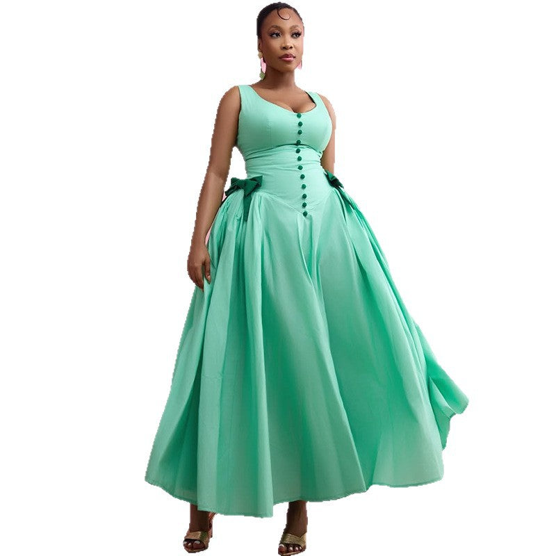 European and american cross-border women's fashion:  summer new arrival - elegant v-neck bow a-line high-waisted maxi dress