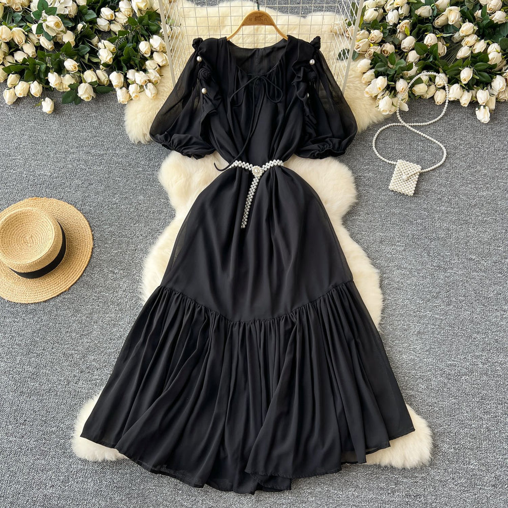 French-inspired beaded, ruffled, lantern-sleeve, a-line chiffon dress with a cinched waist and flattering, full skirt