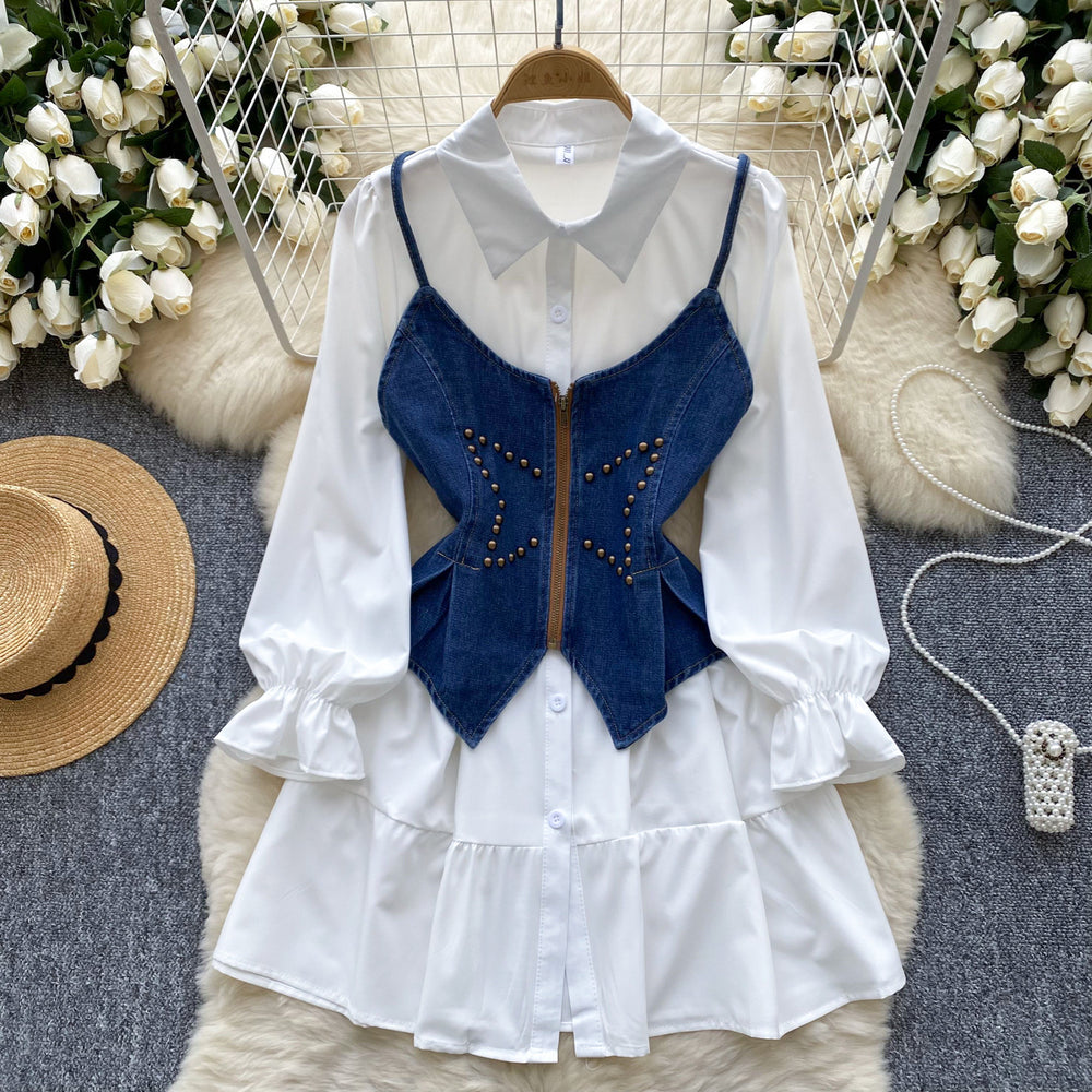 Autumn new arrivals: women's elegant, niche, french-style cinched waist single-breasted long-sleeve shirt dress + denim cami tank top