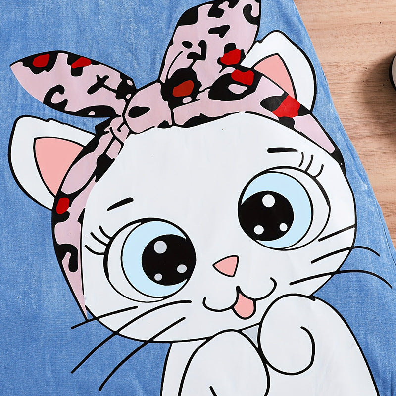 summer cute girls' dress -  wholesale - blue cartoon cat pattern flutter sleeve girl's dress
