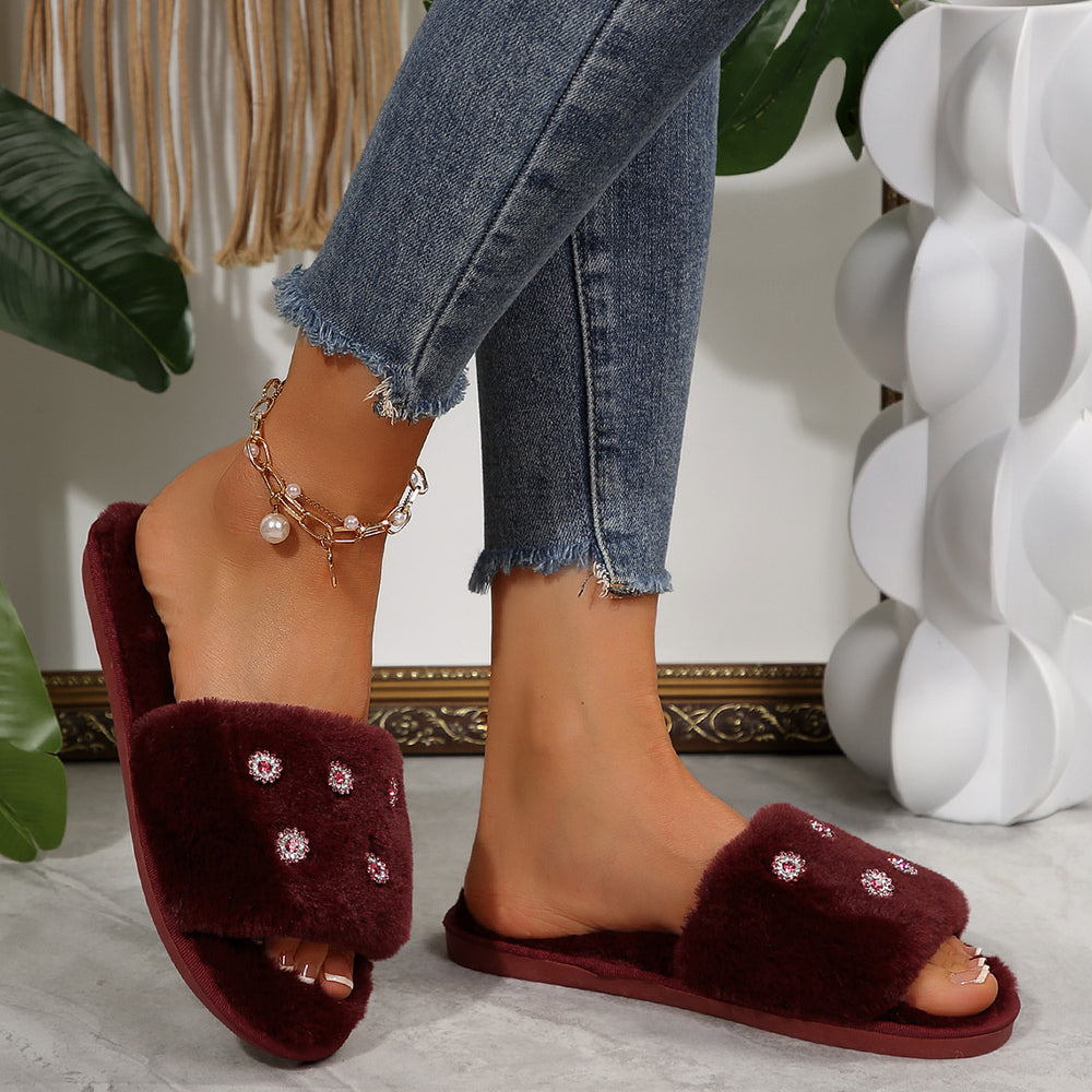 amazon ins one-word cotton slippers winter home plush slippers women's indoor and outdoor flower fur slippers wholesale