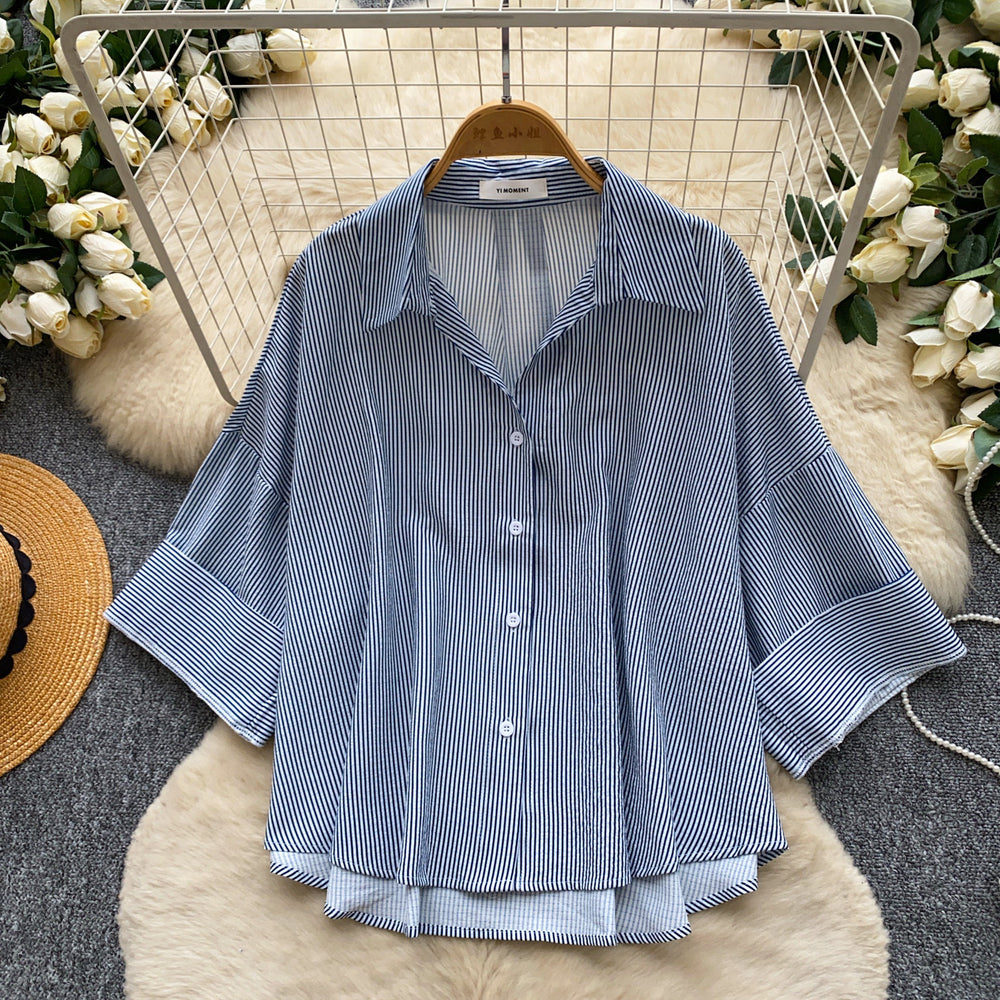 Korean style fashionable young lady shirt -  new arrival - versatile commute, casual, slimming long sleeve striped top for summer