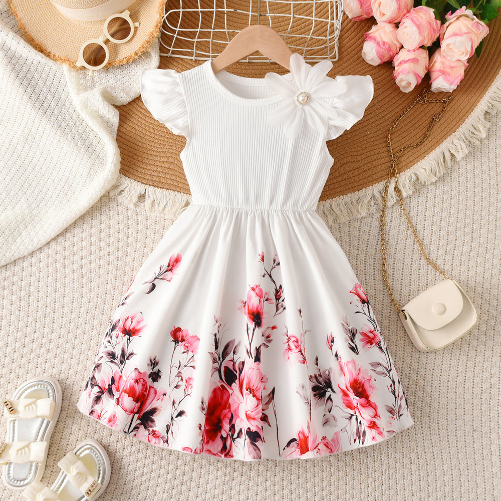 girls' white printed dress with flutter sleeves, 3d floral appliqués, cinched waist, and flared skirt - cute summer dress for kids