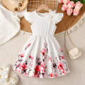 girls' white printed dress with flutter sleeves, 3d floral appliqués, cinched waist, and flared skirt - cute summer dress for kids