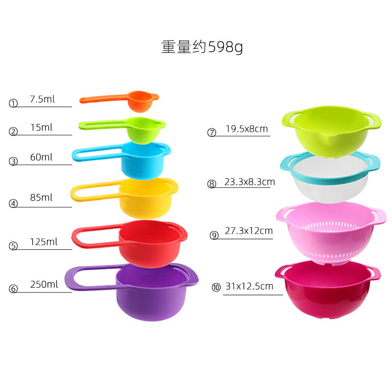 Baking tool combo set: creative rainbow measuring spoons & cups 10-piece set with multifunctional colander & flour sifter